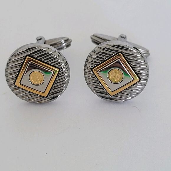 Dunhill D Cufflinks Silver Gold Tone Logo Round Designer Logo Vintage Geometric - Picture 1 of 7